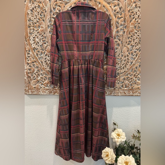 Oyrosy Retro Elegant Classy Lapel Reddish Brown Plaid Maxi Dress w/ Pockets - Picture 3 of 16
